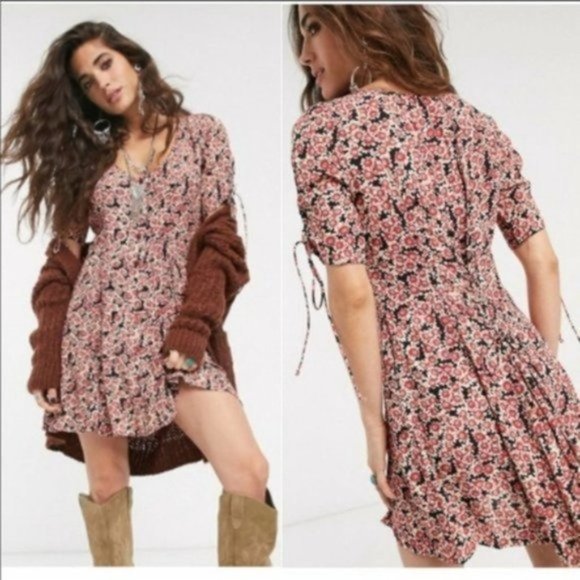NWT FREE PEOPLE Lace-Up Floral Minidress - Small - Picture 2 of 6